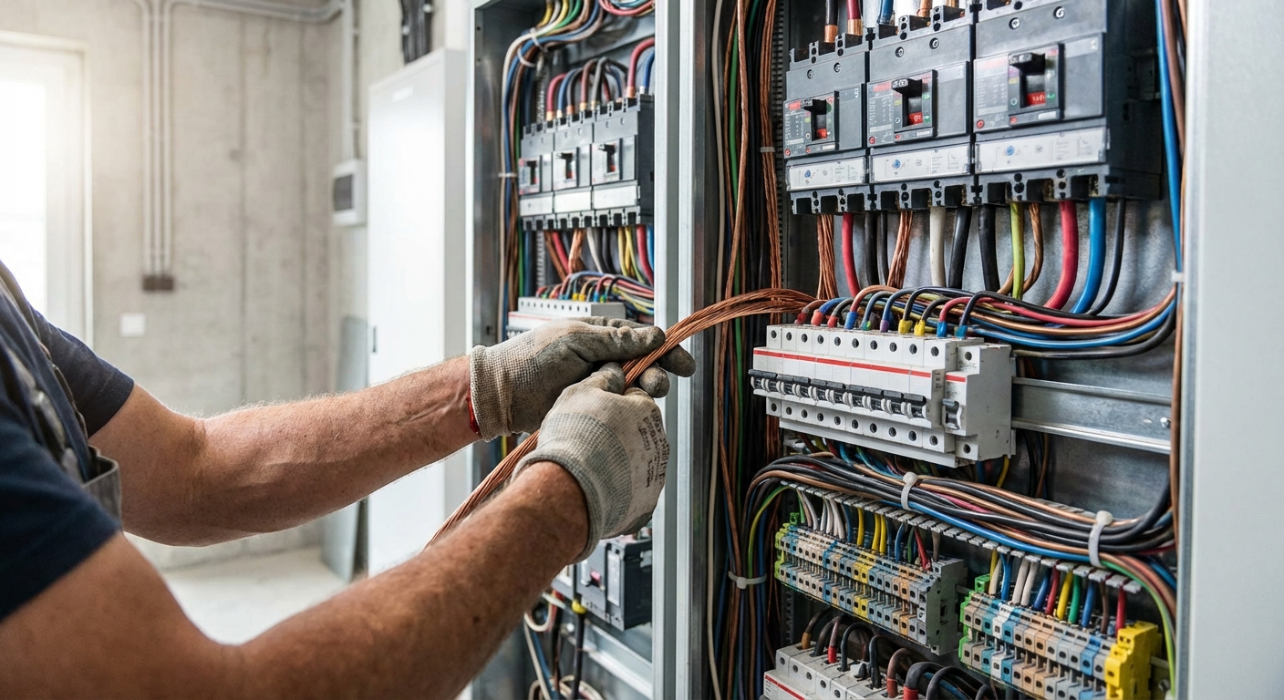Professional electrician reviewing electrical blueprints